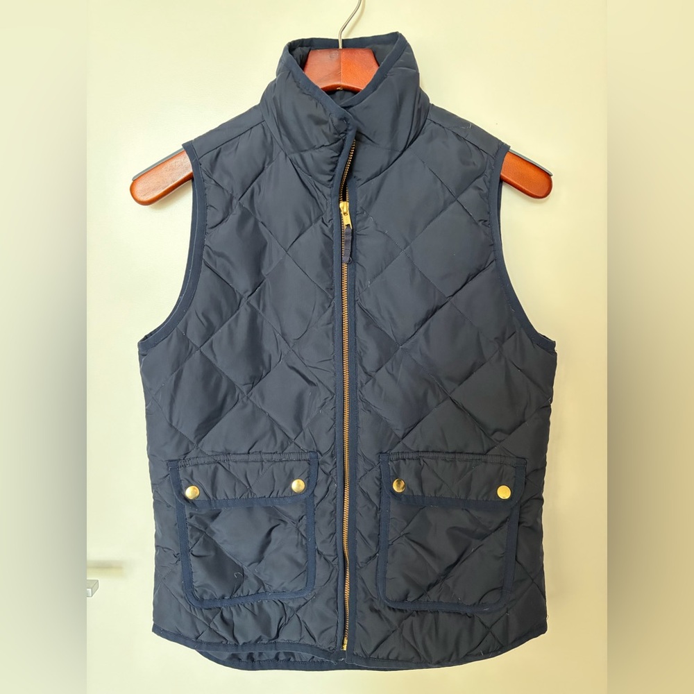 J. Crew Navy Quilted Excursion Vest with Gold Details